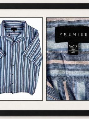 Premise Men's Blue and Light Pink Striped Short-Sleeve Button-Down Shirt